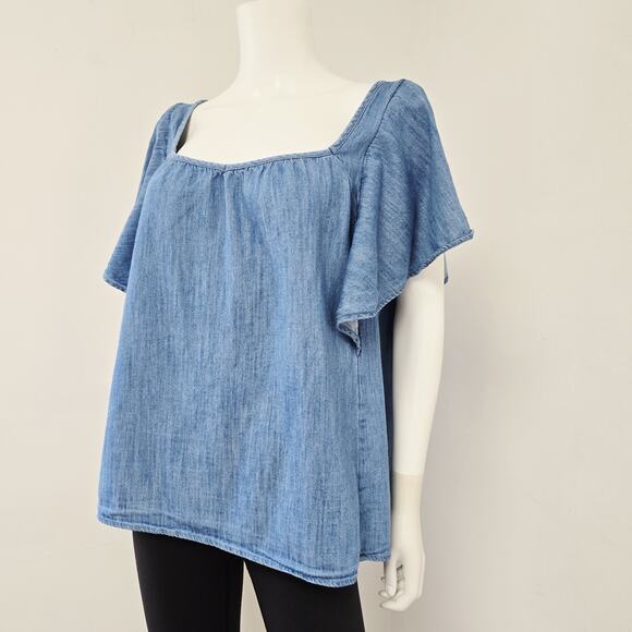 Old Navy Flutter Sleeve Top Size XL Chambray Jean Blue Tie Back Womens NWT - Picture 3 of 7